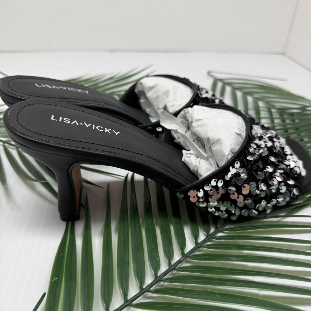 Lisa Vicky Sequin Slide Mule Heels 8.5 Black Silver Party Dressy Shoes NWT Shiny - Picture 5 of 11